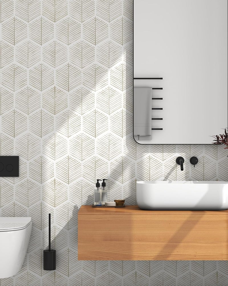 OSECAGE Modern Peel and Stick Wallpaper 17.3''×''787 Self Adhesive Wallpaper Boho Contact Paper Beige and White Geometric Wall Paper Removable Decorative Wallpapers for Bedroom Bathroom Cabinets Decor Vinyl - Image 2